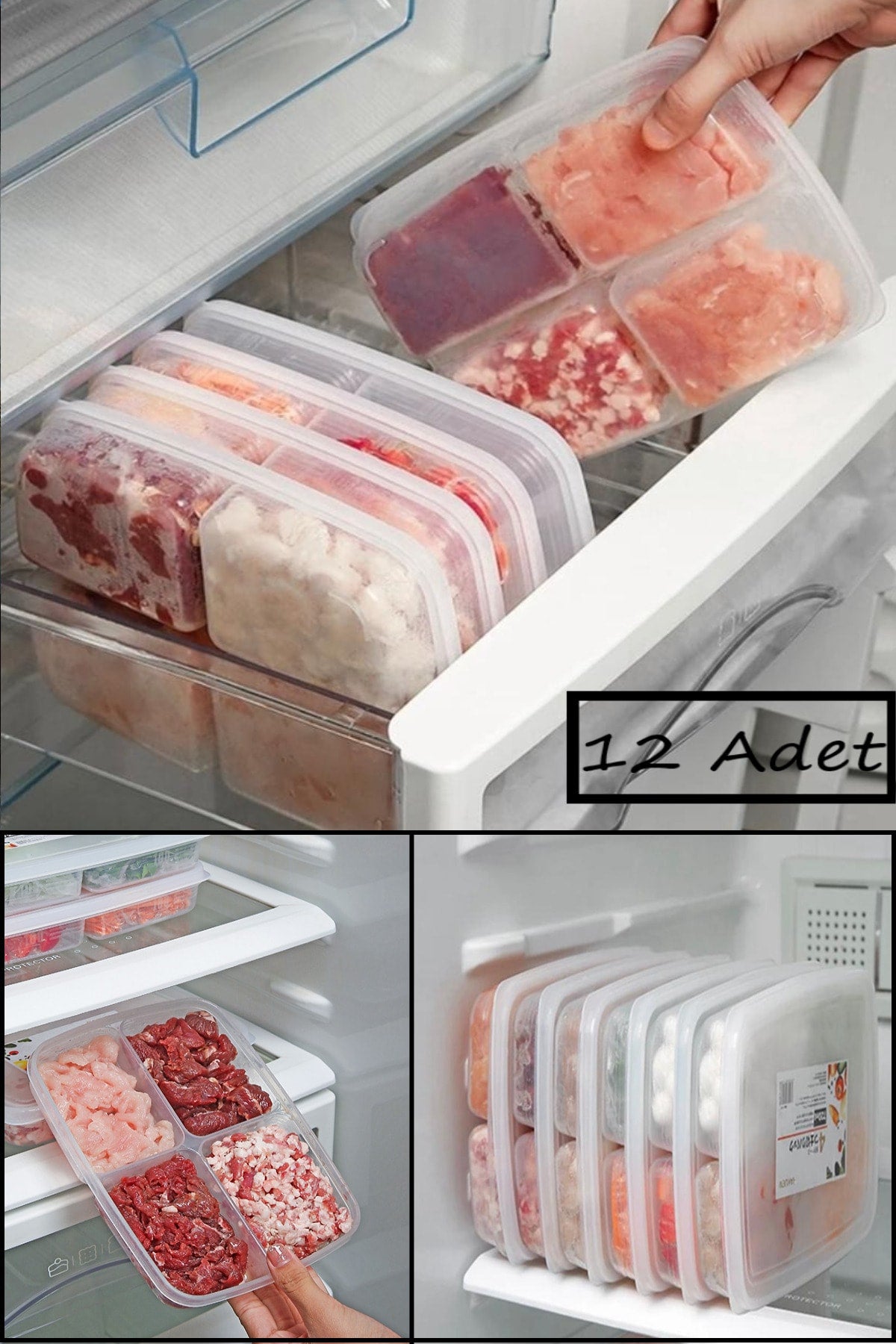 12 Pieces Frozen 4-Compartment Meal Meal and Vegetable Storage Container - Minced Meat Chicken Freezer Organizer