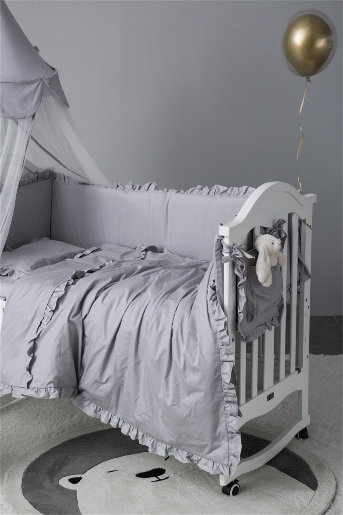 Frilly Gray 60x120 Color Crib / Montessori Side Protection And Duvet Cover Set Bedding Set