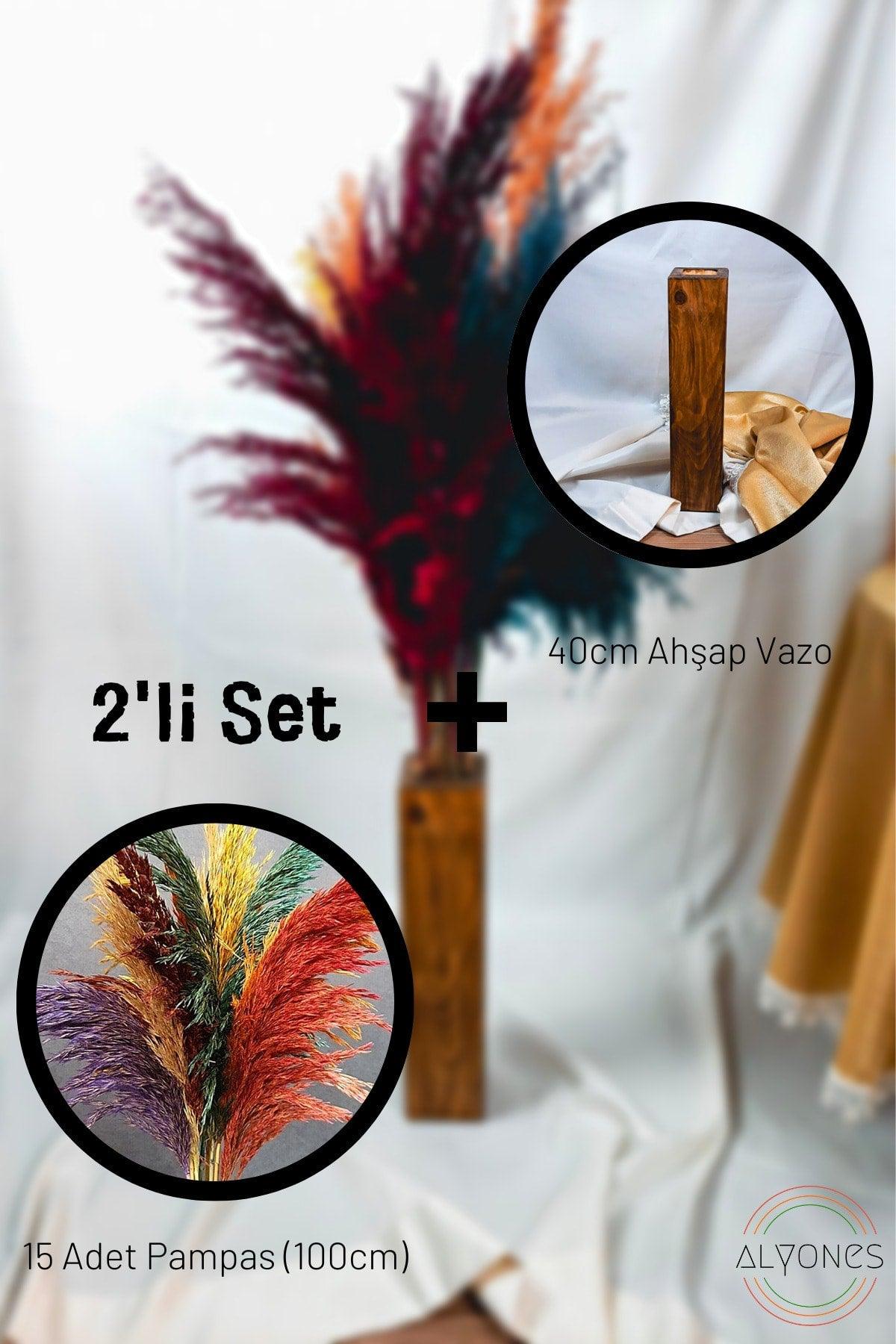 Set of 2 Decorative Wooden Vases And 15 Pieces Mixed Color Pampas - Swordslife