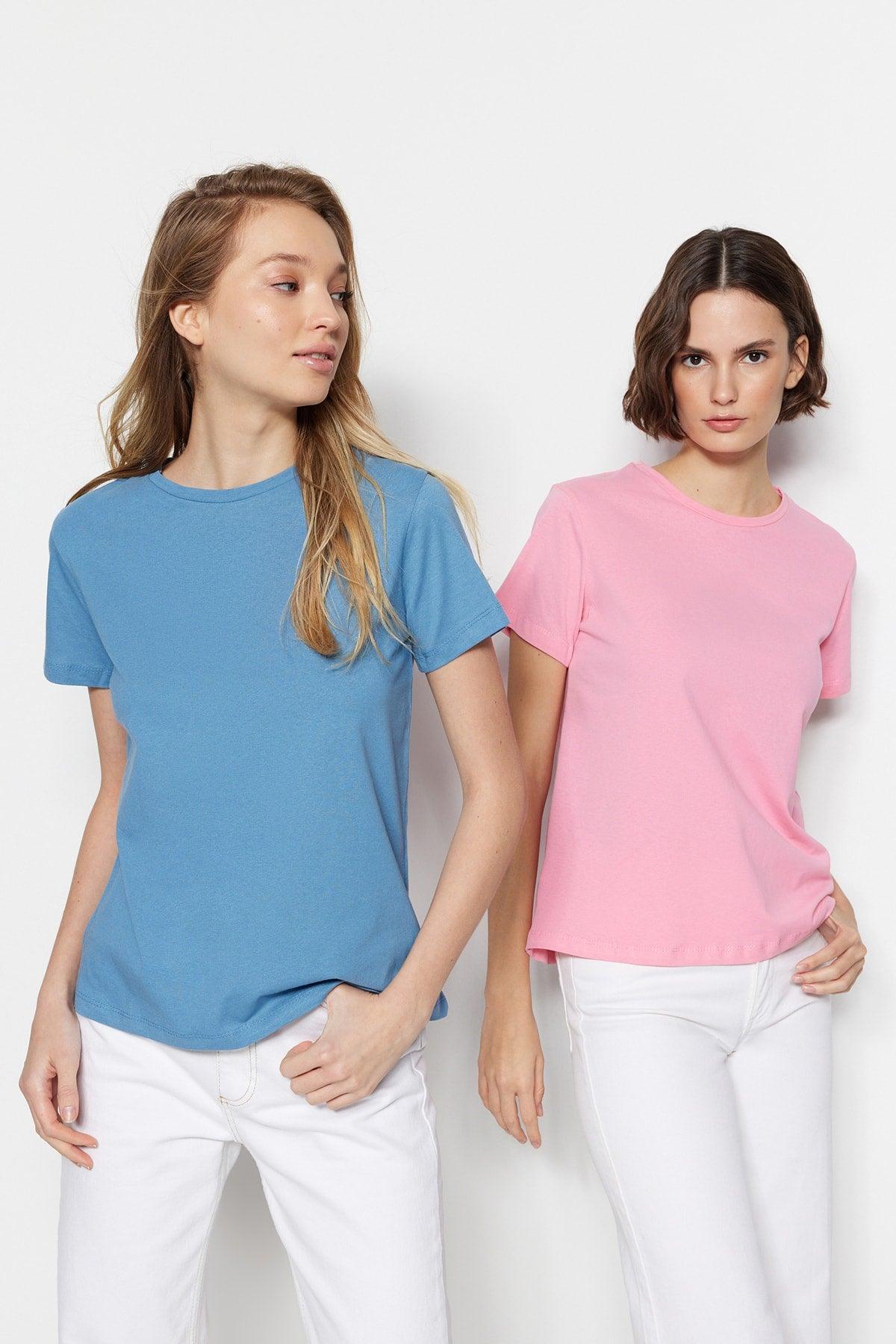 Indigo-Pink 100% Cotton 2-Pack Basic Crew Neck Knitted T-Shirt TWOSS20TS0141 - Swordslife