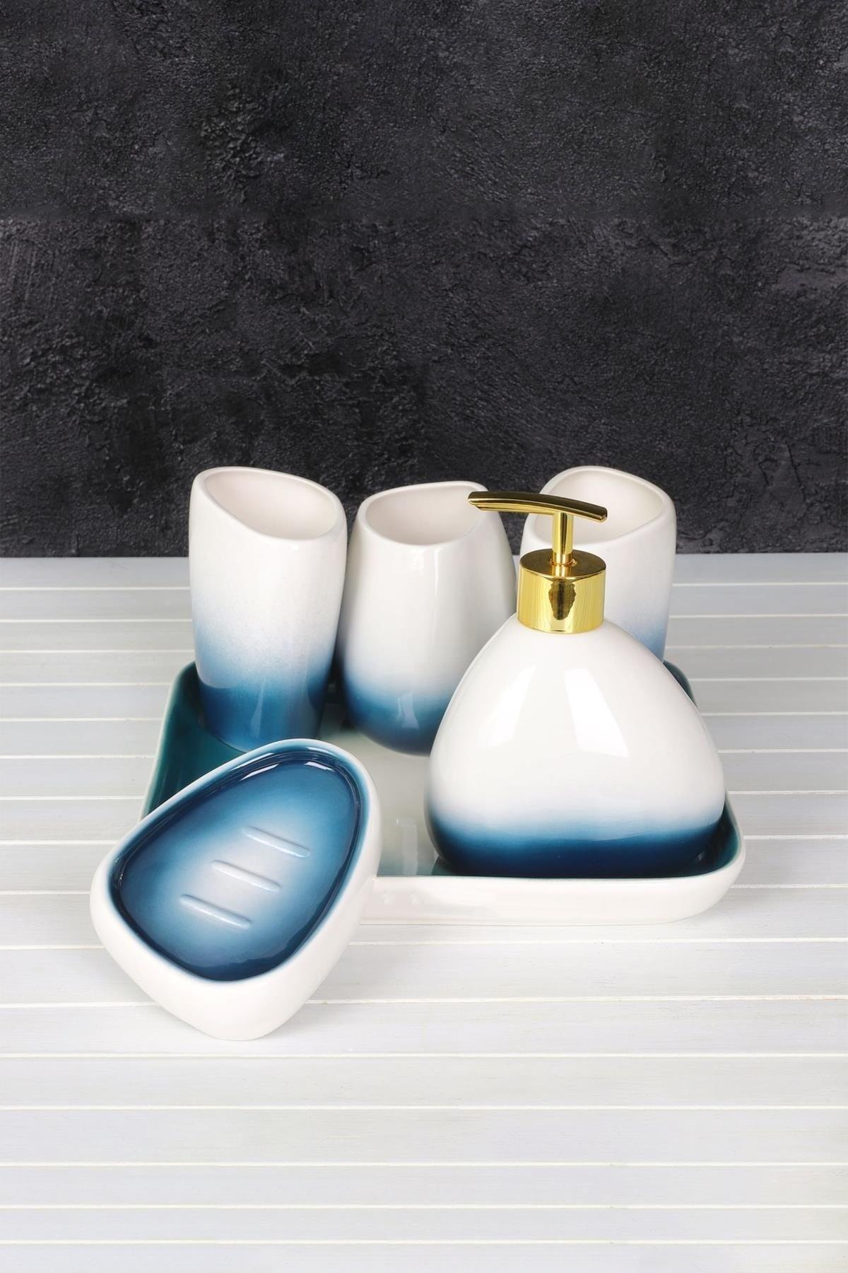 Porcelain Bathroom Set With Stand Wc Liquid Soap Dispenser Sink Set of 6 - Swordslife