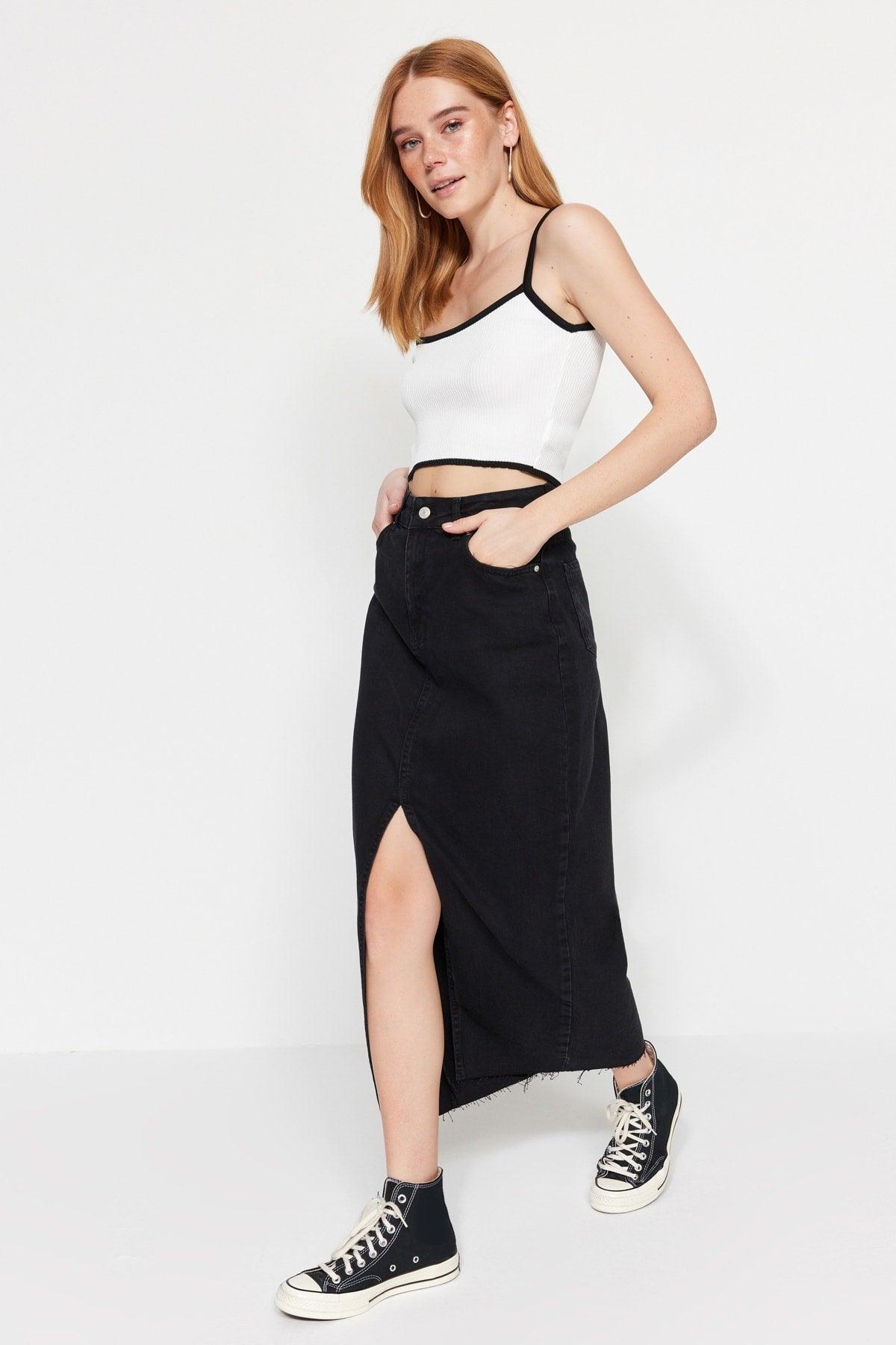 Black Slit Maxi Denim Skirt TWOSS23ET00290 - Swordslife