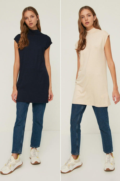 Navy Blue-Stone 2-Piece Stand Up Collar Sleeveless Underwear Tunic TCTSS21UK0033 - Swordslife