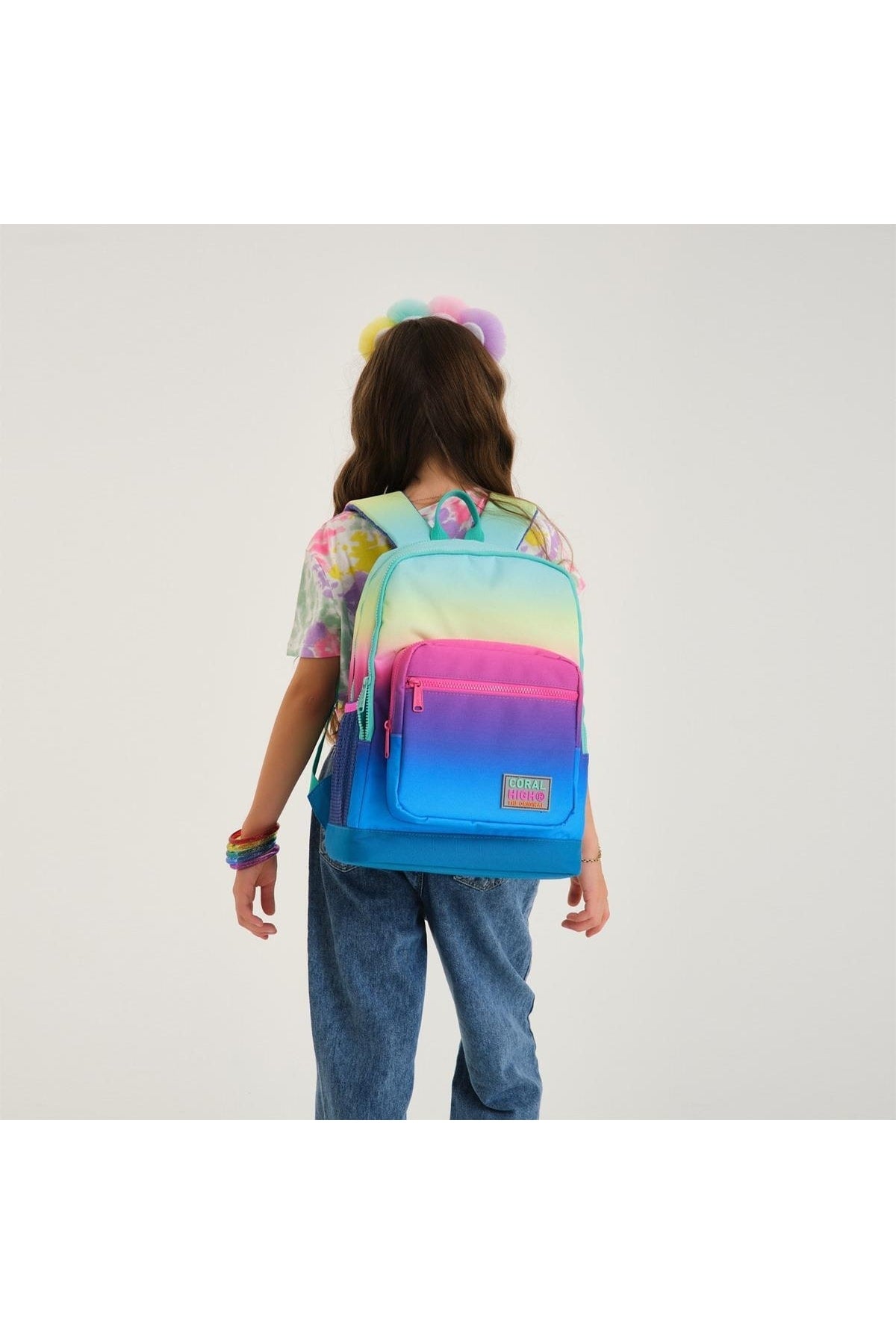 Color Transition Rainbow 4 Compartment School Bag, Pencil Holder, Lunch Box Set Of 3 Primary School Bag