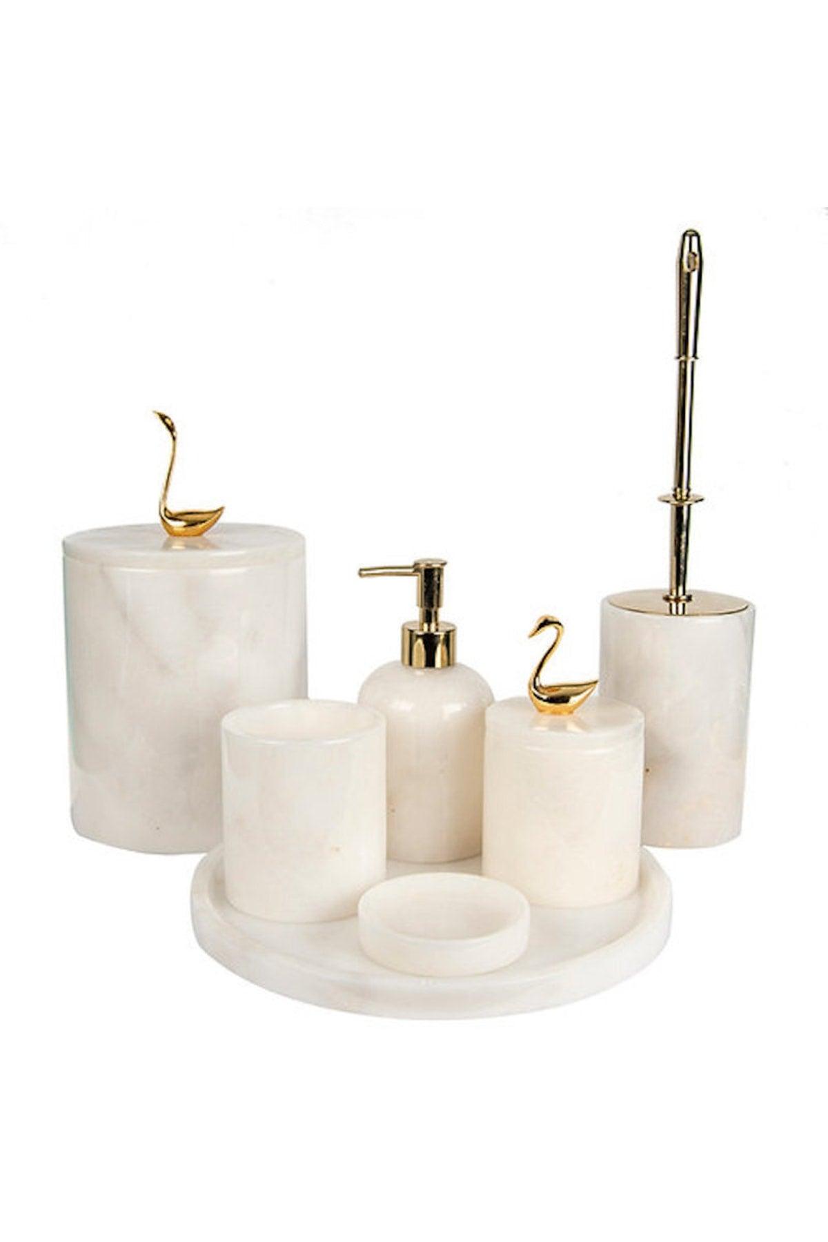 Decorative White Marble Gold Bird Swan Detailed 7 Pcs Bathroom Set - Swordslife