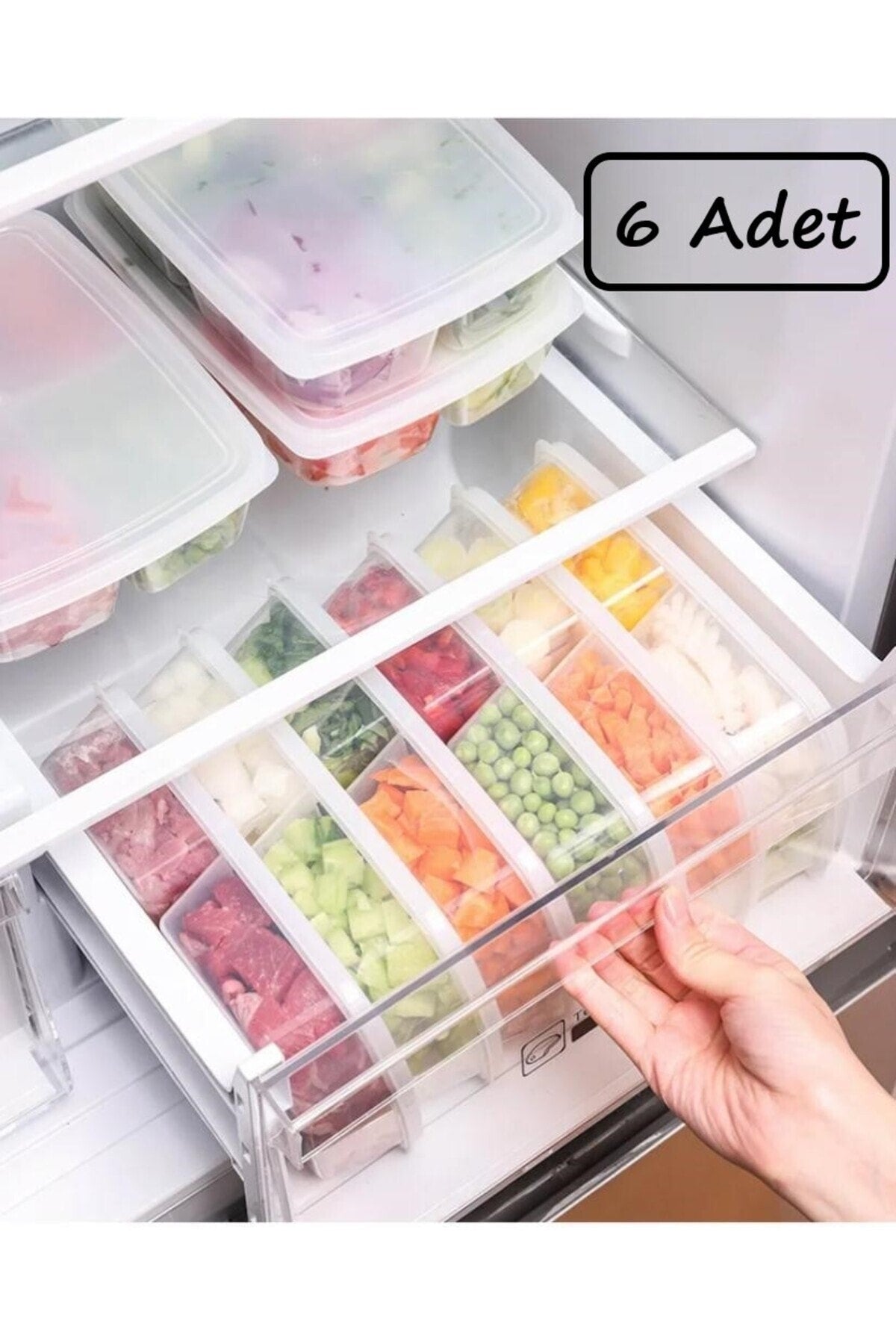 Large 6 Pieces Frozen Meat and Vegetable Storage Container with 4 Compartments - Cubed Minced Meat Organizer