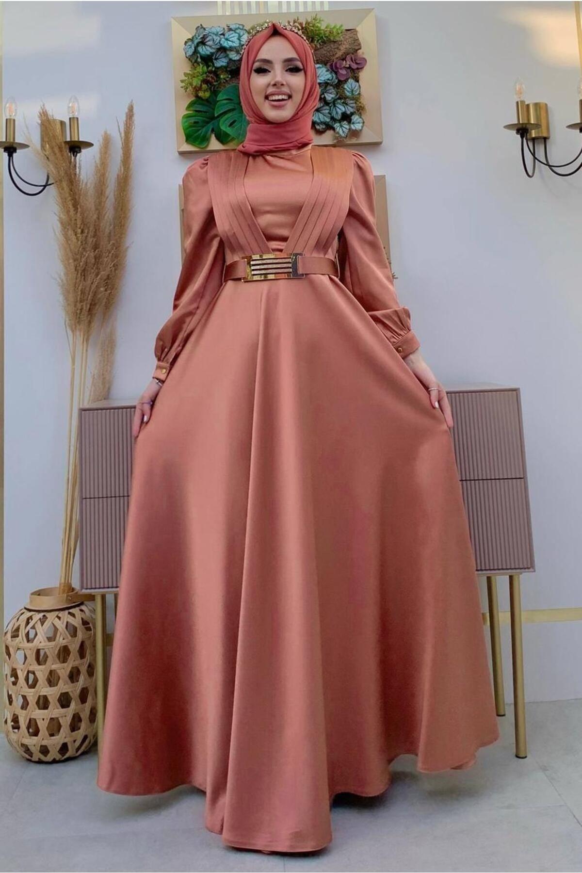 Women's Pink (GÜLKURUSU) Belted Pleated Detailed Satin Evening Dress T 2973 - Swordslife