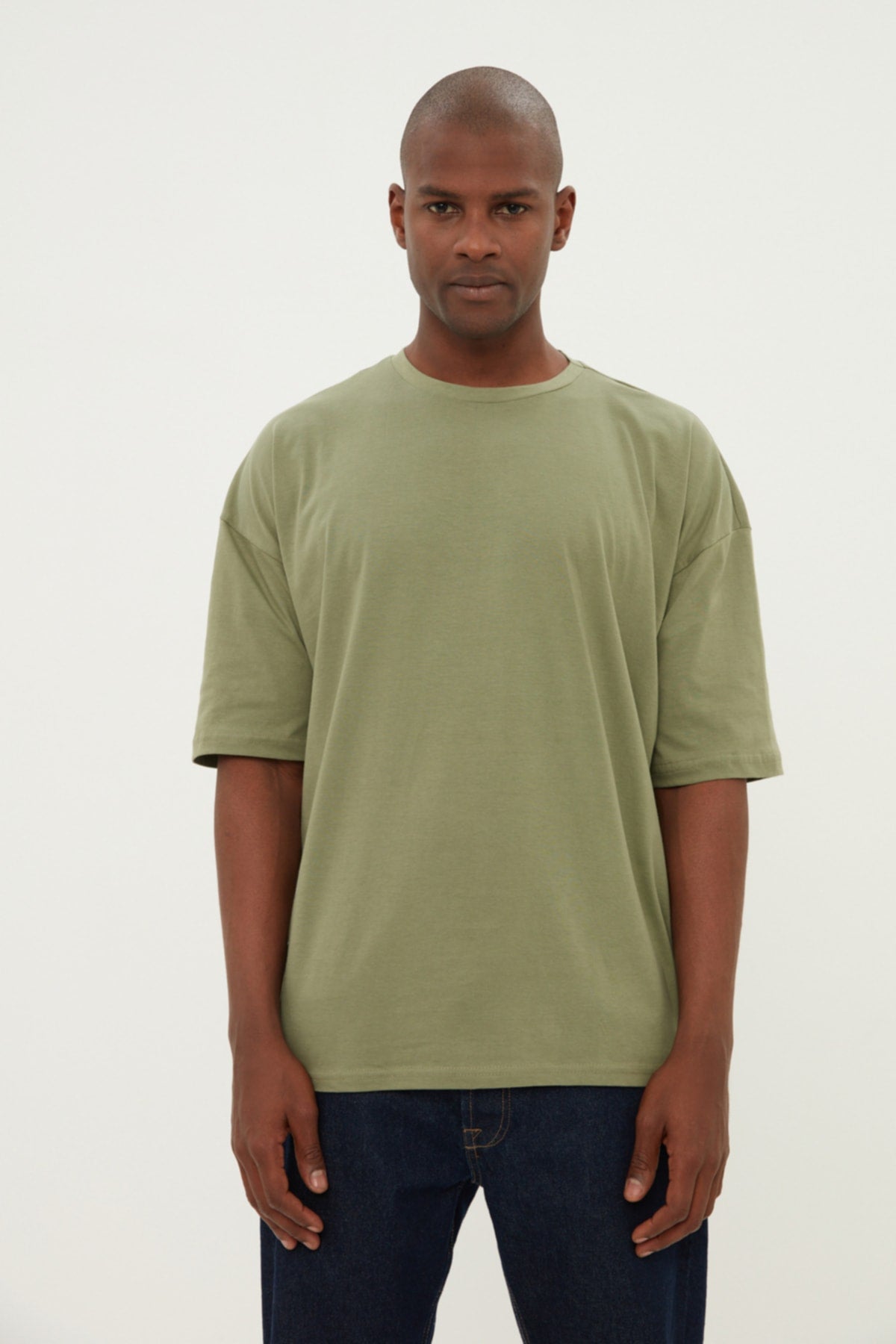 Khaki Men'S Basic 100% Cotton Crew Neck Oversized Short Sleeved T-Shirt Tmnss22Ts0318