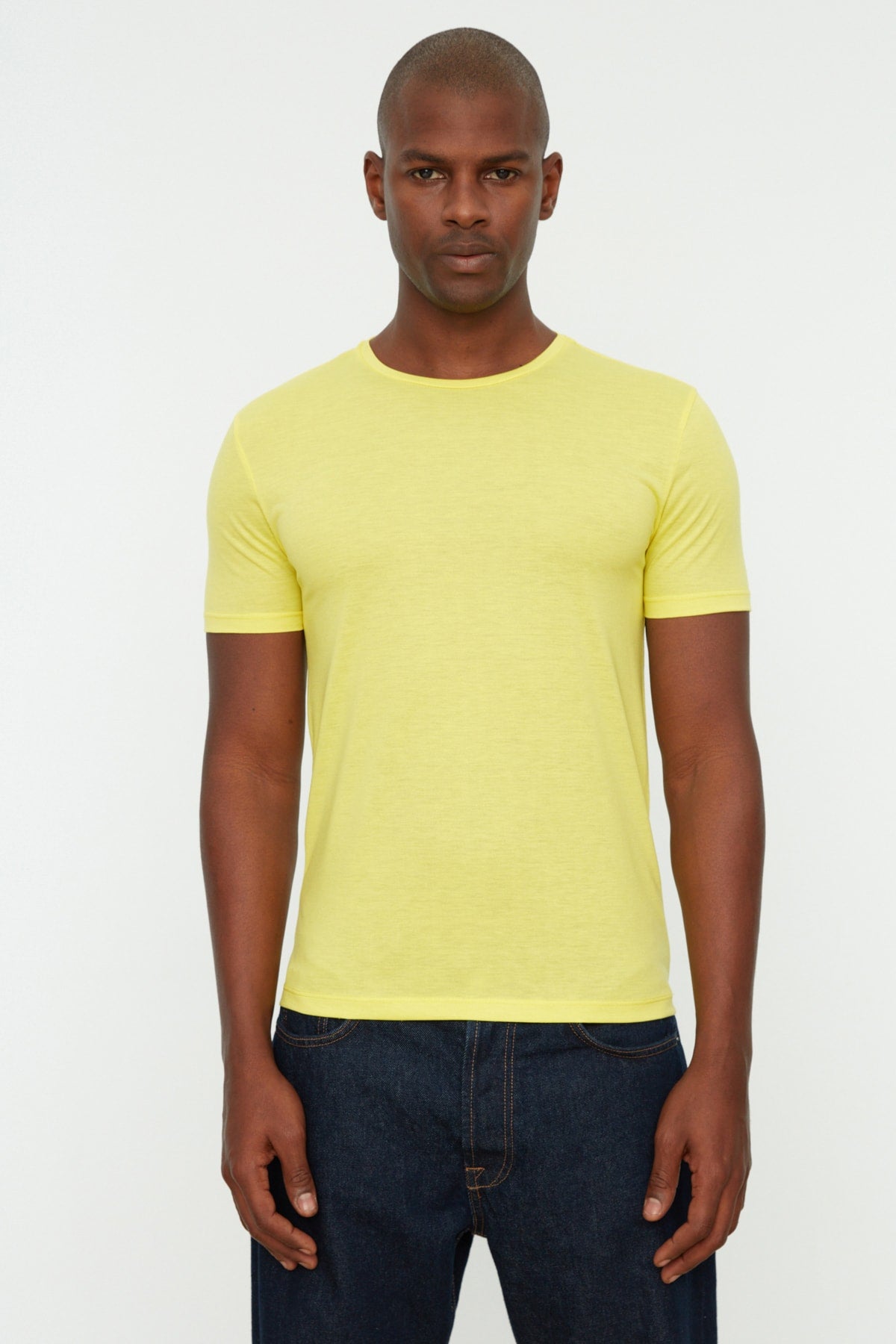 Yellow Men'S Basic Slim Crew Neck Short Sleeved T-Shirt Tmnss22Ts0270