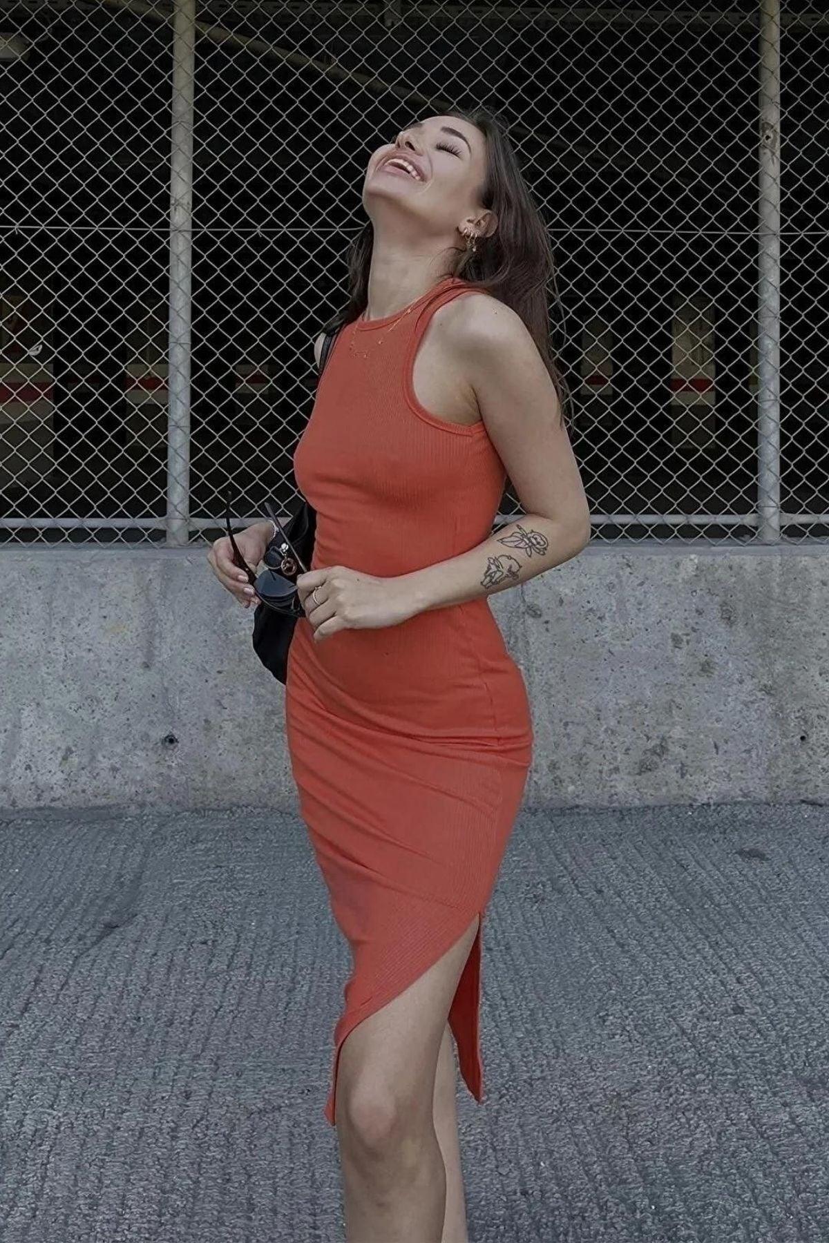 Orange Midi Length Pencil Dress (zck0486) - Swordslife