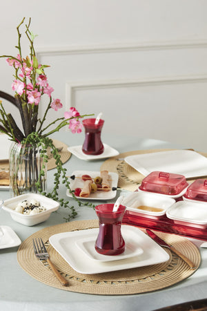 Fabio Red Porcelain 41 Pieces 6 Person Breakfast Service Set Square