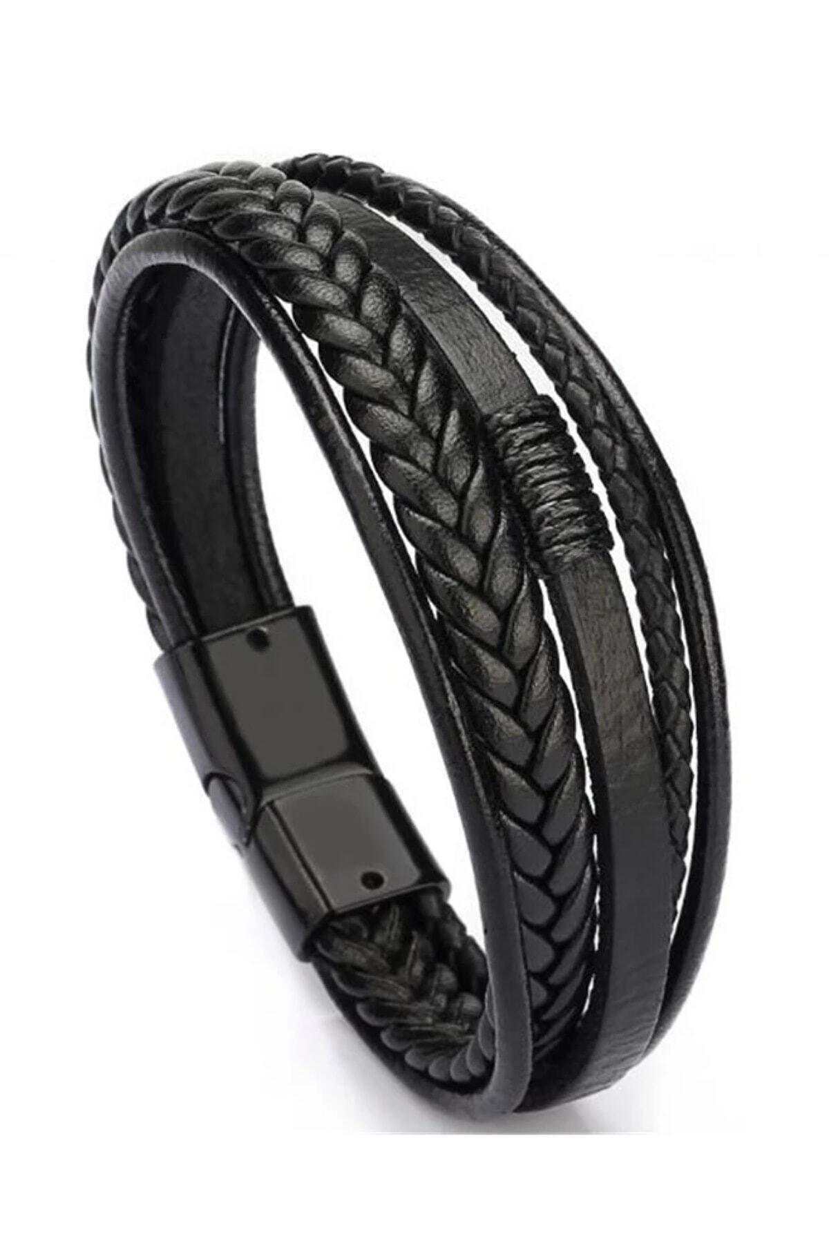 Men'S Genuine Leather Bracelet Black Color Magnetic Clasp Braided Bracelet