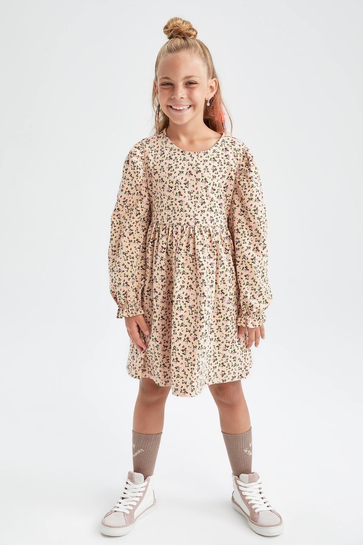 Girl Crew Neck Floral Long Sleeve Dress