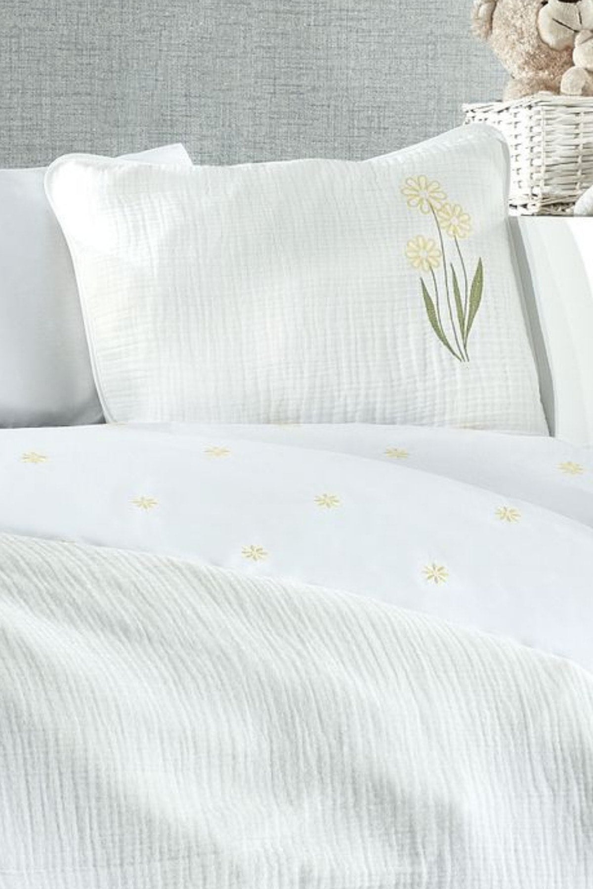 Piece Muslin Covered 100% Cotton Daisy Patterned Fairy Tale White Baby Duvet Cover Set