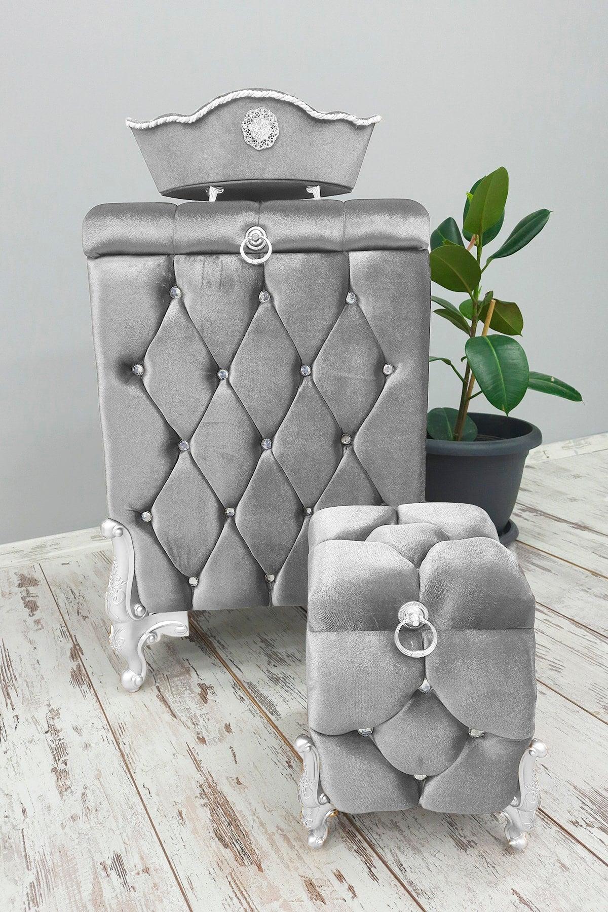 Quilted Gray 3 Pcs Bathroom Set Laundry Basket Mdf Dirty Basket Set - Swordslife