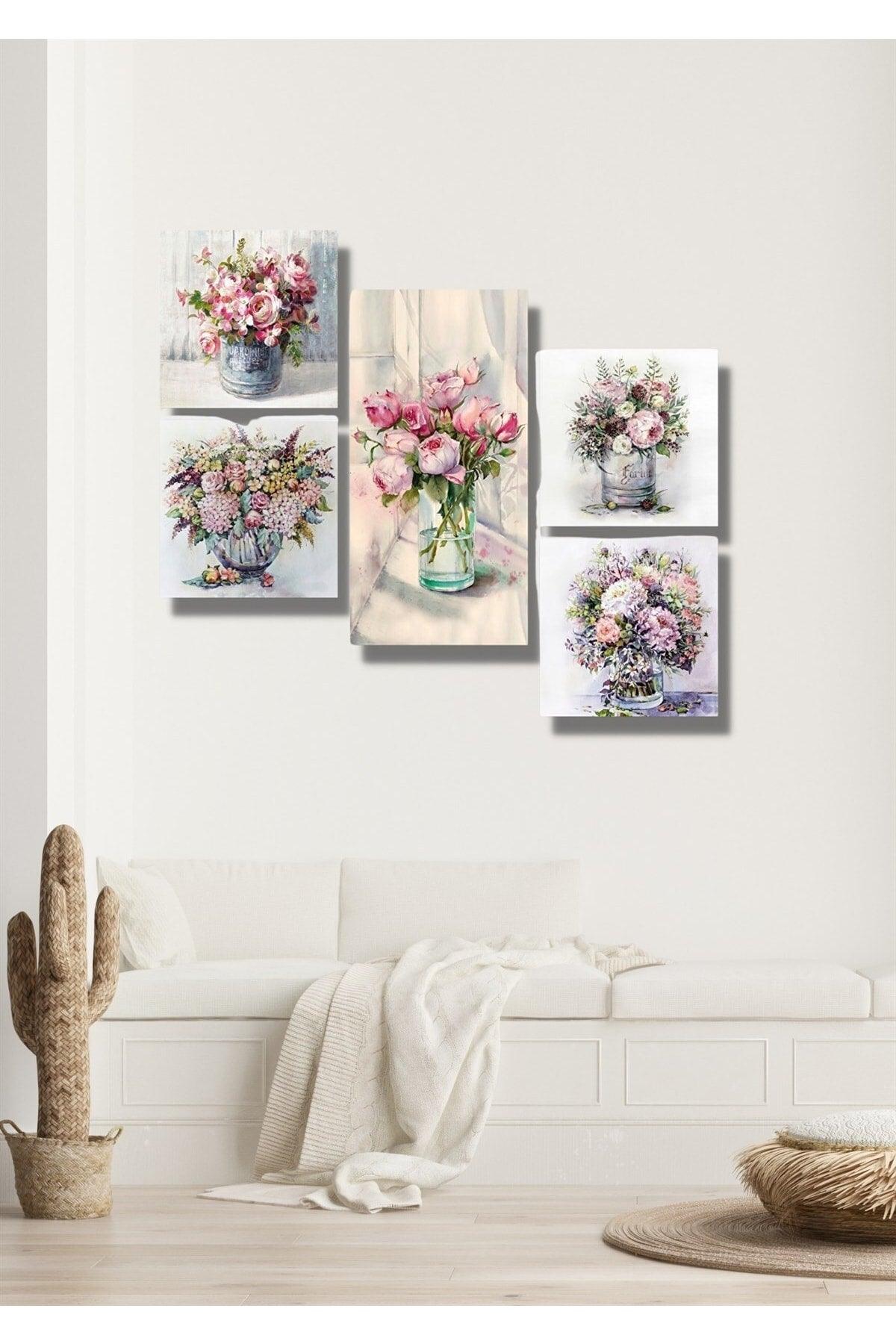 Pieces Flowers In Wooden Color Vase Wall Decor - Painting Set For Living Room Living Bedroom Kitchen - Swordslife