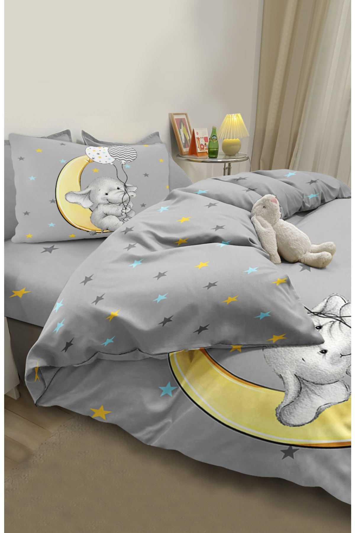 Elephant Patterned Cute Balloon Holding Single Baby Kids Duvet Cover Set