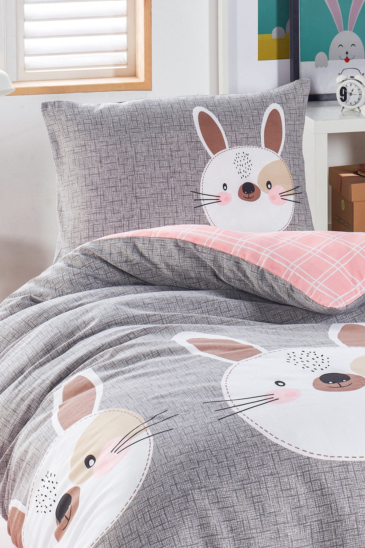 Junior Duvet Cover Set Single Rabbit A.Brown-Grey-Pink