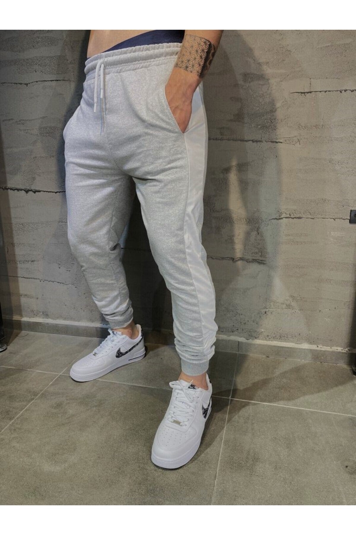 Men'S Gray White Striped Sweatpants Cotton Elastic Leg