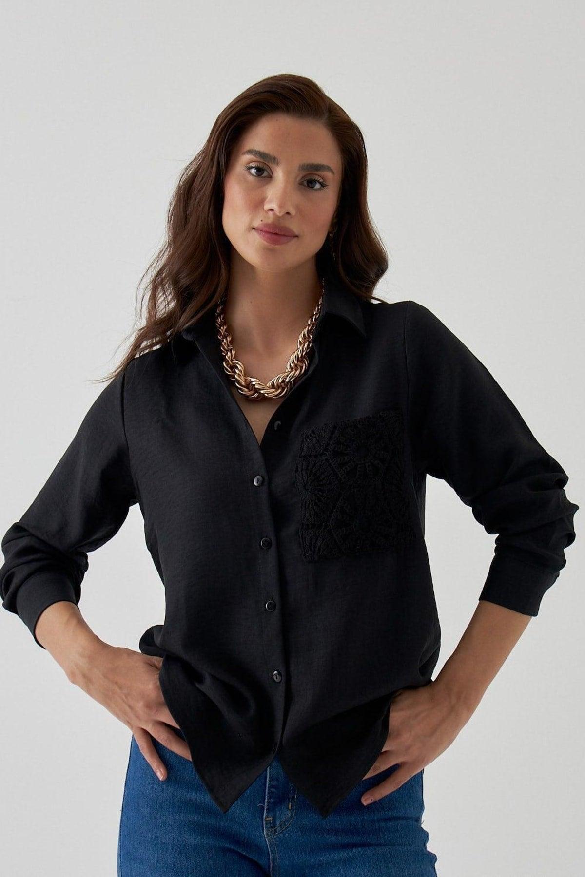 Crochet Detailed Long Sleeve Black Women's Shirt - Swordslife