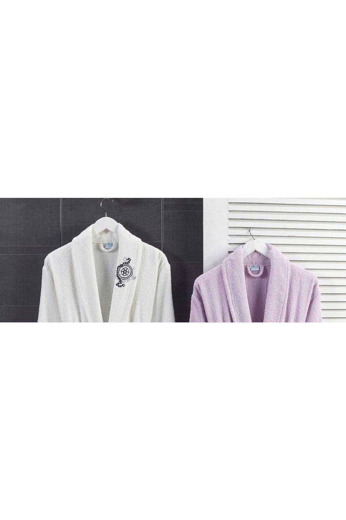 100% Cotton Embroidered 4-Piece Family Bathrobe Set | Bathrobe Set | Dowry Set | White | Lilac - Swordslife