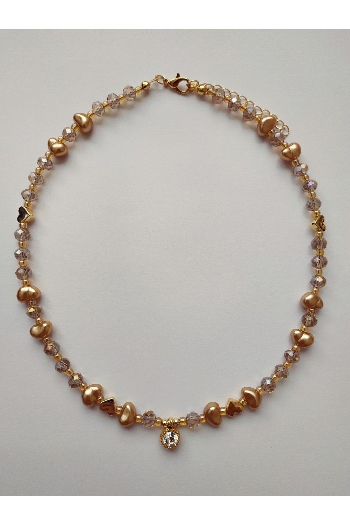 Honey Color Baroque Pearl Heart Bead Necklace with White Shimmer Tip - Swordslife