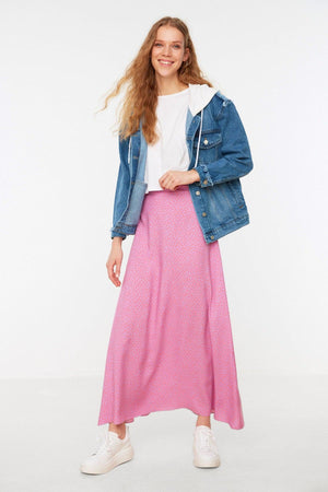 Pink Polka Dot Patterned Flared Woven Skirt TCTSS22EE0006 - Swordslife