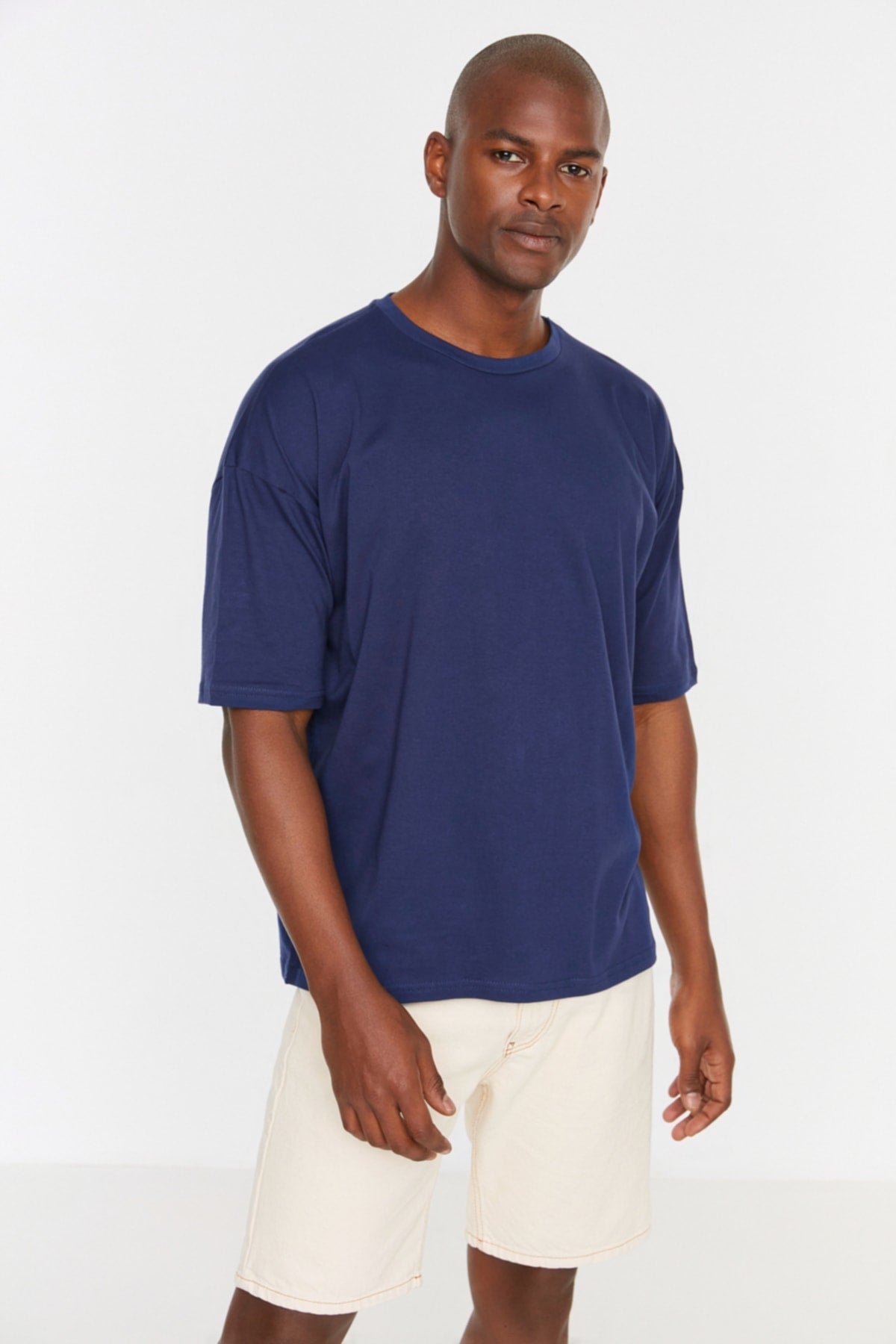 Navy Blue Men'S Basic 100% Cotton Crew Neck Oversize Short Sleeved T-Shirt