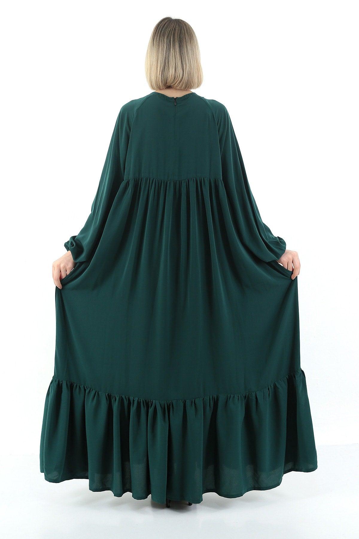 Emerald Green Crew Neck Relaxed Fit Elastic Sleeve Side Pockets Pleated Robe Dress - Swordslife