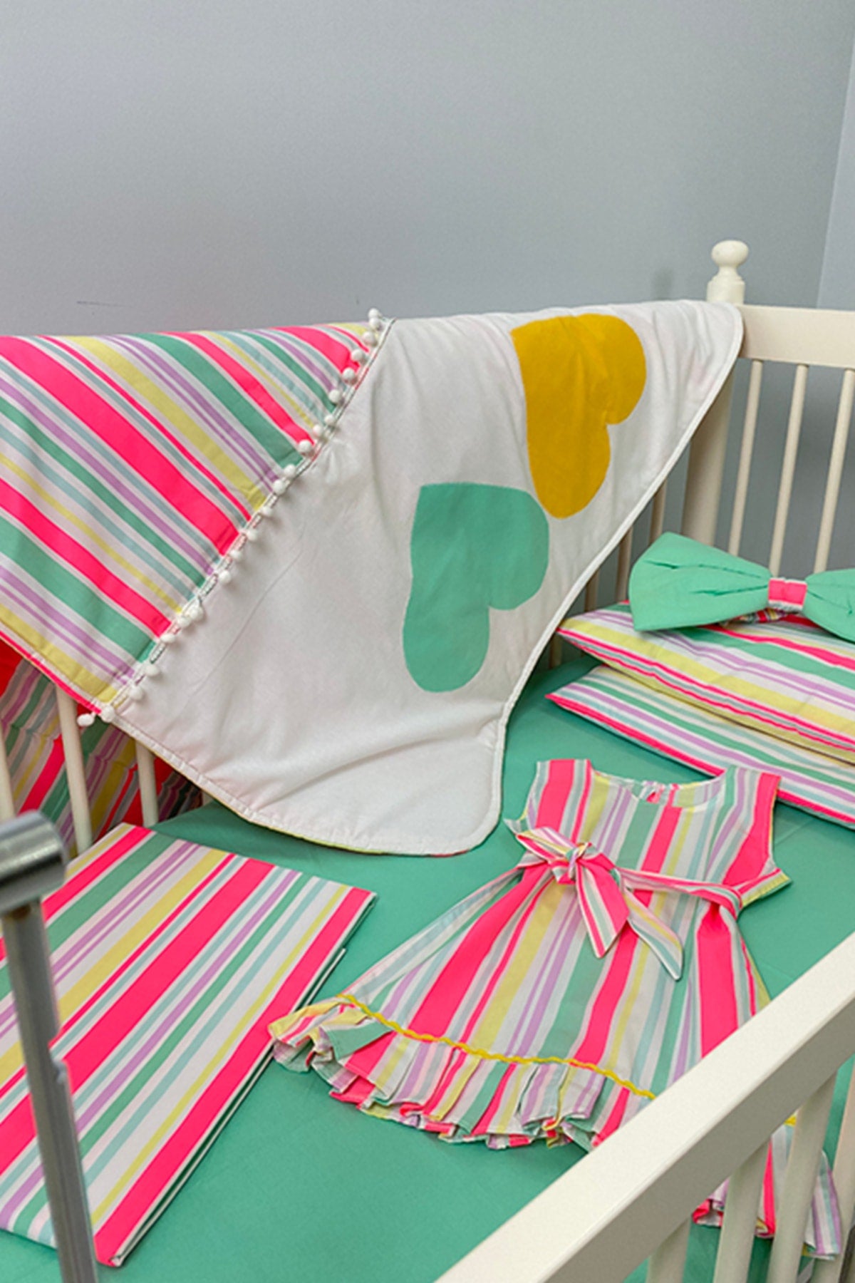 Stripe Patterned Turquoise Baby Duvet Cover Set, Quilt, Nightgown