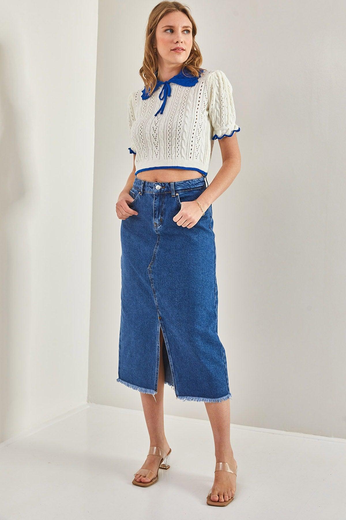 Women's Laser Cut Slit Denim Skirt - Swordslife