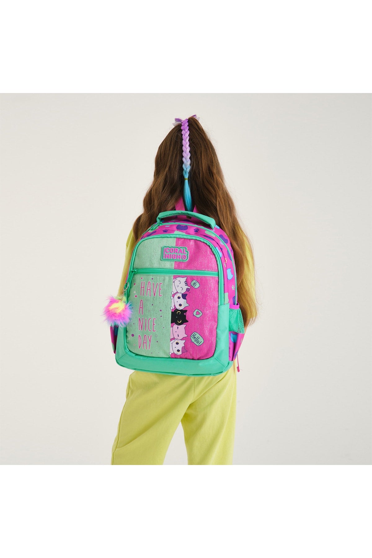 Kids Pink-Water Green Three Compartment School Bag 23490