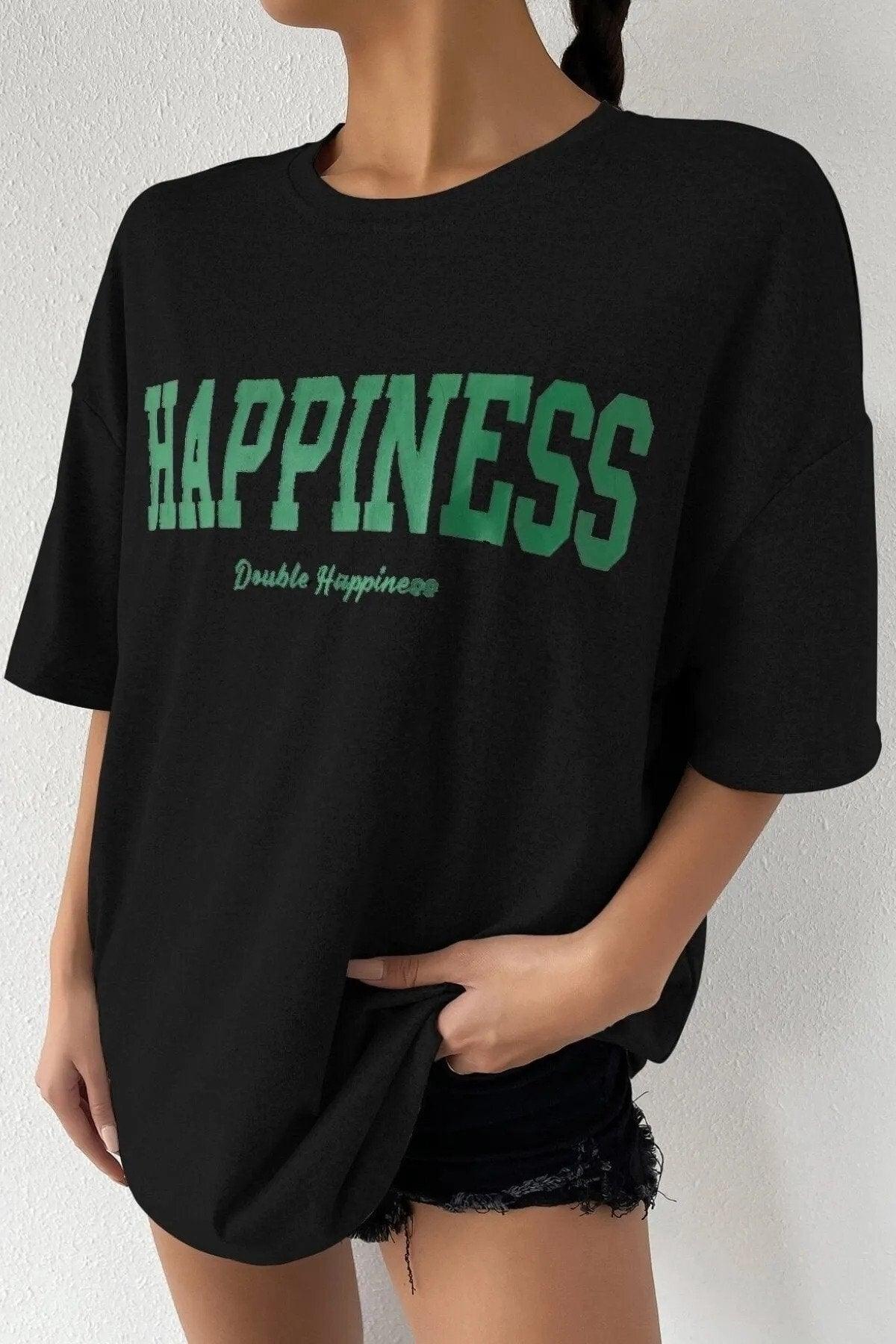 Women's Oversize Hapiness Printed Black T-shirt - Swordslife