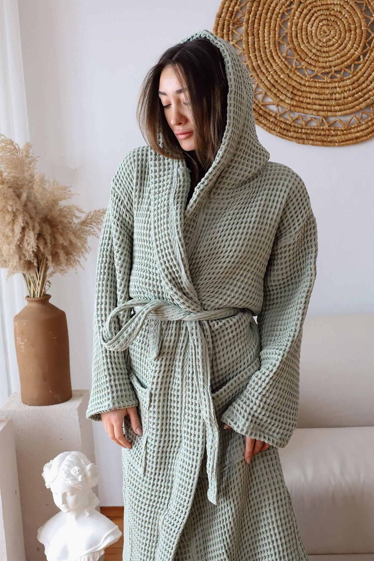 Waffle Adult Bathrobe Soft Pique Fabric Hooded Sage Green - Swordslife