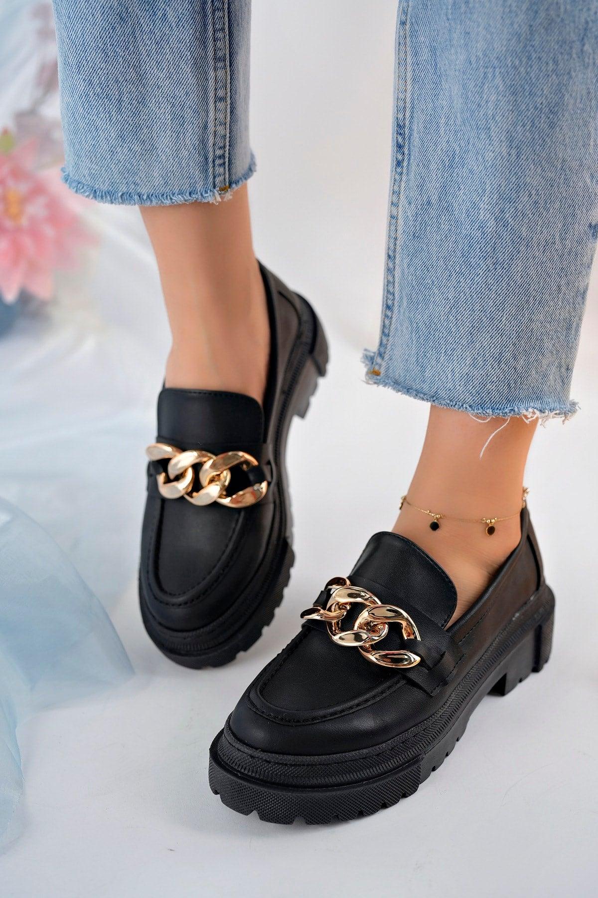 Women's Black Chain Thick Sole Loafer Loafers Gold Chain - Swordslife