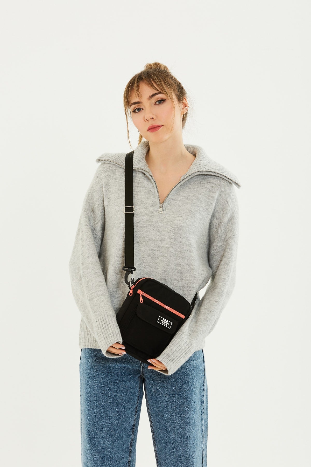 Orange Zipper Black U2 3-Compartment Cross Adjustable Strap Canvas Fabric Unisex Shoulder Bag B: