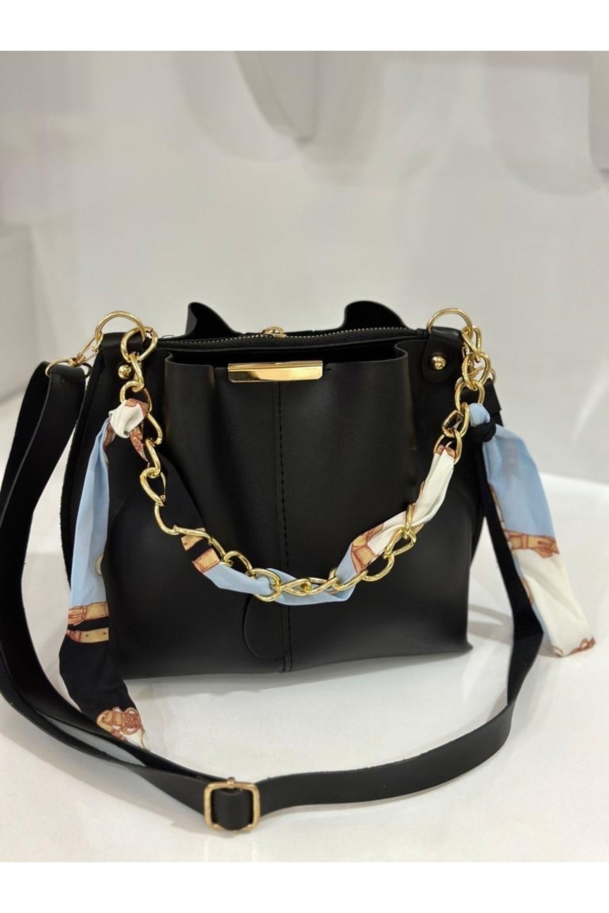 Women's Scarf Chain Accessory Soft Leather Bag Black.