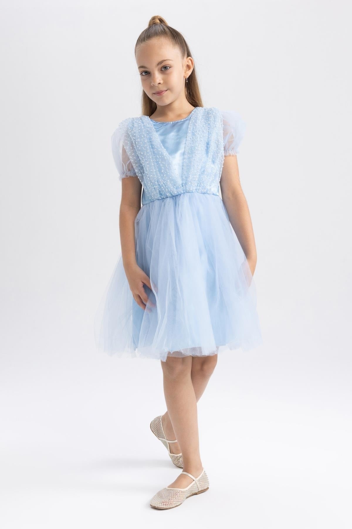 Girl Crew Neck Short Sleeve Tulle Dress