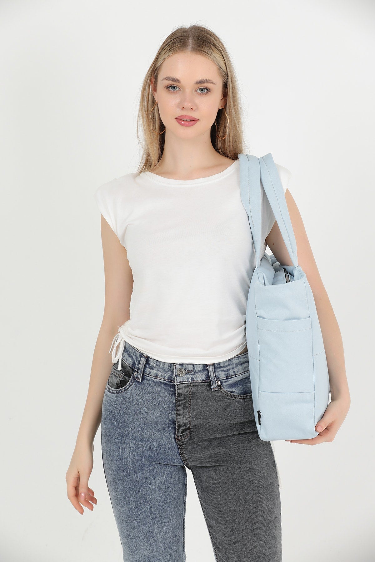 Blue U25 3-Compartment Side 2 Pocket Detailed Zipper Closure Canvas Women's Arm And Shoulder Bag B:35 E:35 G: