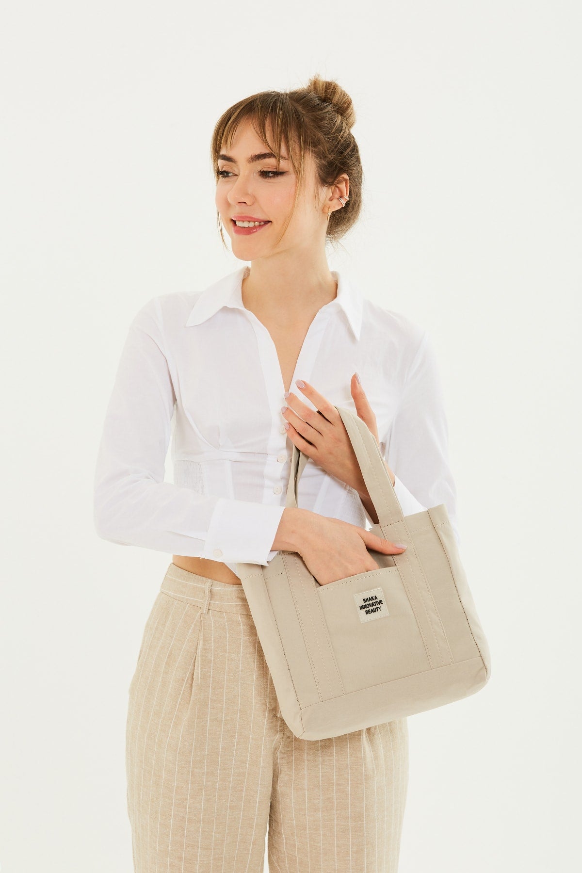 Cream U37 Snap Closure 2 Compartment Front Pocket Detailed Canvas Fabric Daily Women'S Arm And Shoulder Bag U:
