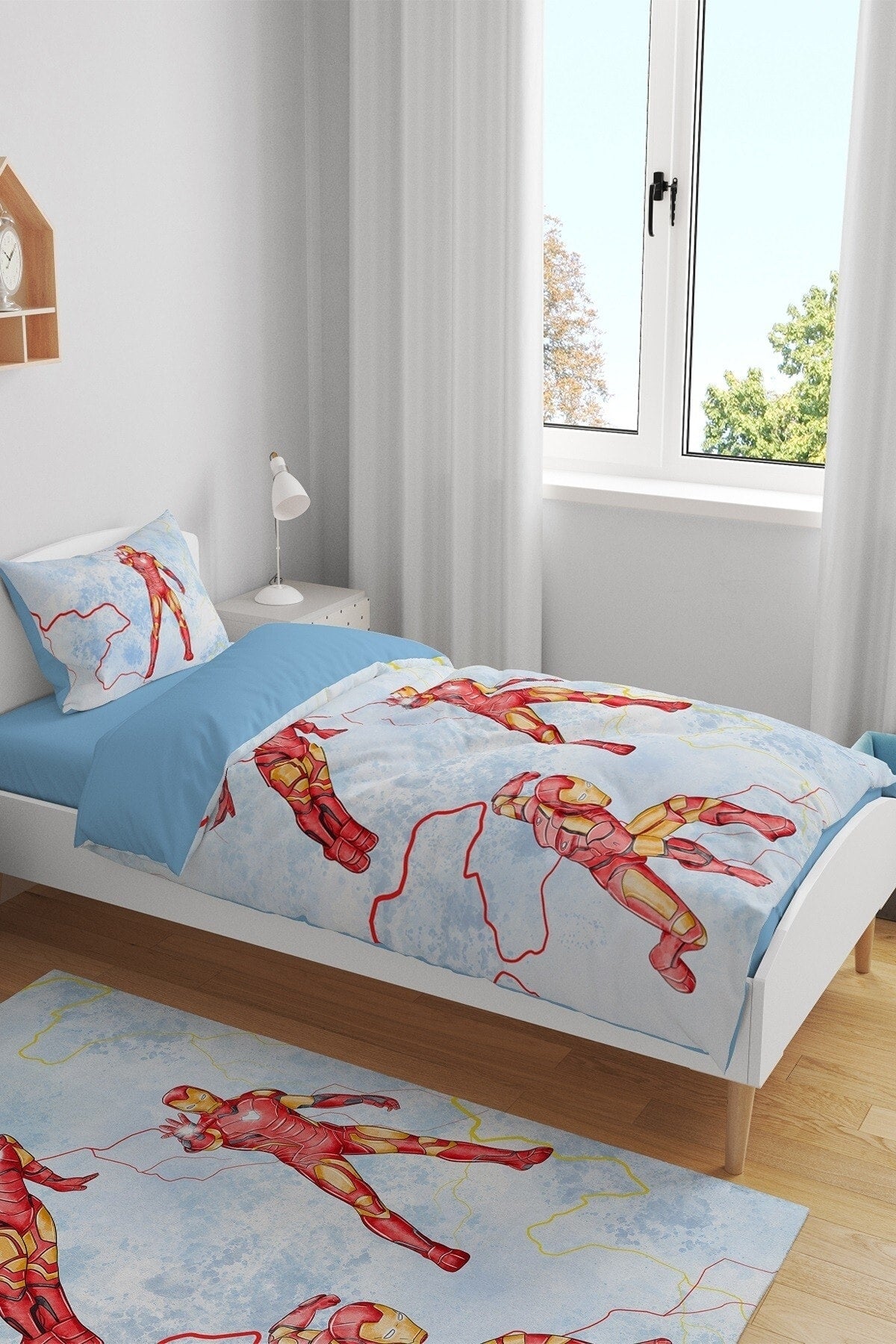 Triple Blue Ironman Patterned Single Baby Kids Duvet Cover Set