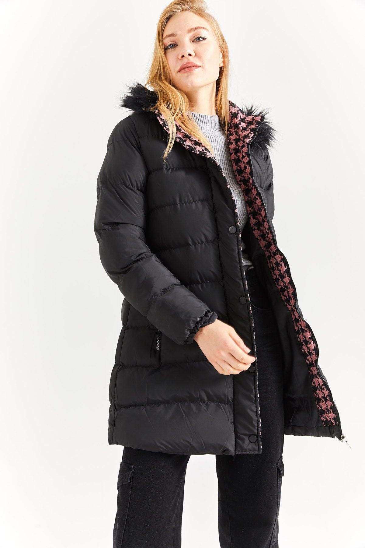 Women's Black Powder Fur Hooded Down Jacket - Swordslife