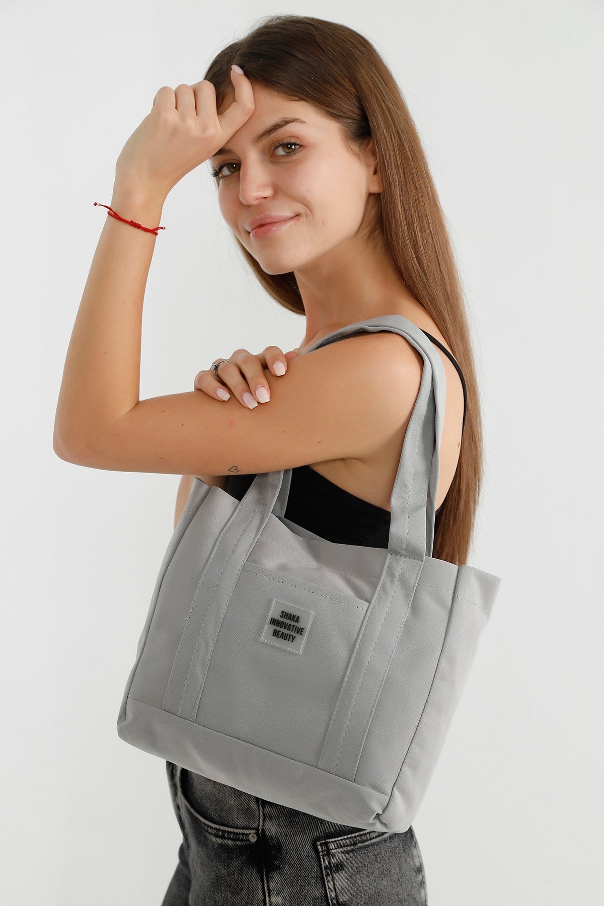 Gray U37 Snap Closure 2 Compartment Front Pocket Detailed Canvas Fabric Daily Women's Arm And Shoulder Bag U:2