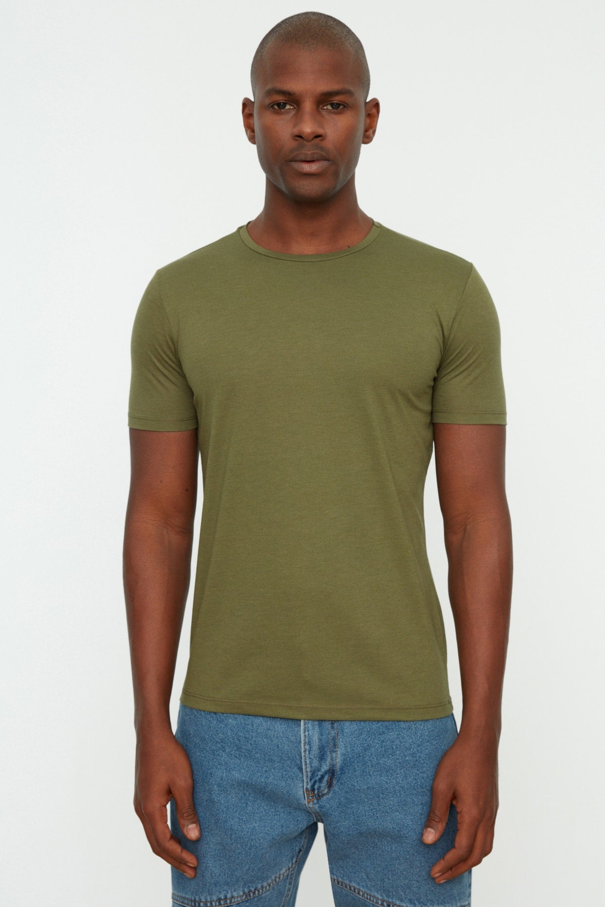 Khaki Men'S Basic Slim Crew Neck Short Sleeved T-Shirt Tmnss22Ts0270