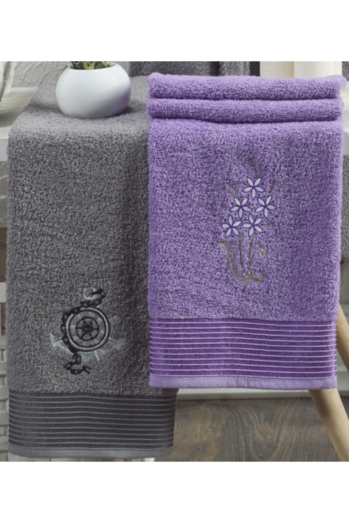 Cotton Embroidered 4-Piece Family Bathrobe Set | Bathrobe Set | Dowry Set | anthracite | Lavender - Swordslife