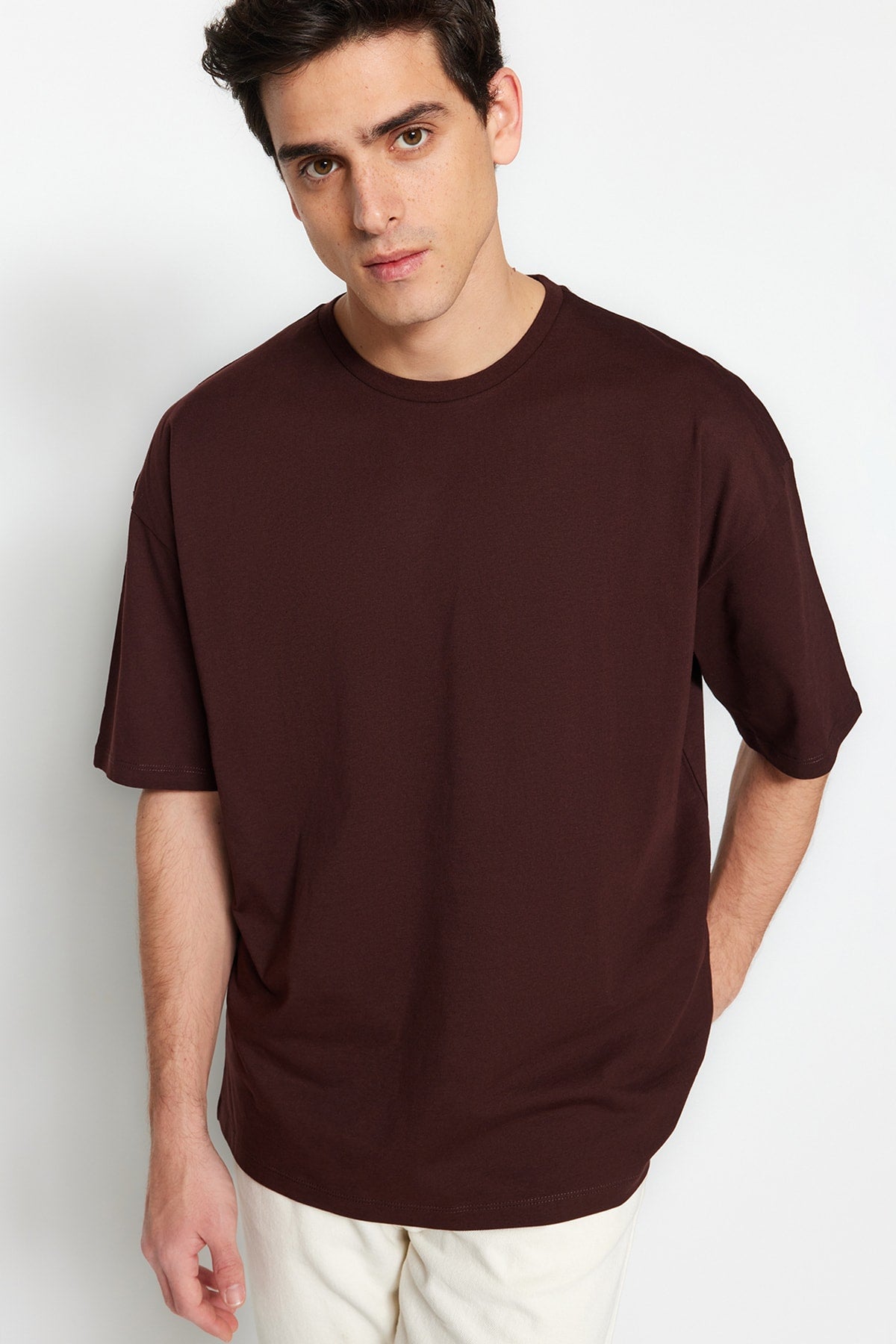 Brown Men'S Oversize Crew Neck Short Sleeve Back Printed 100% Cotton T-Shirt