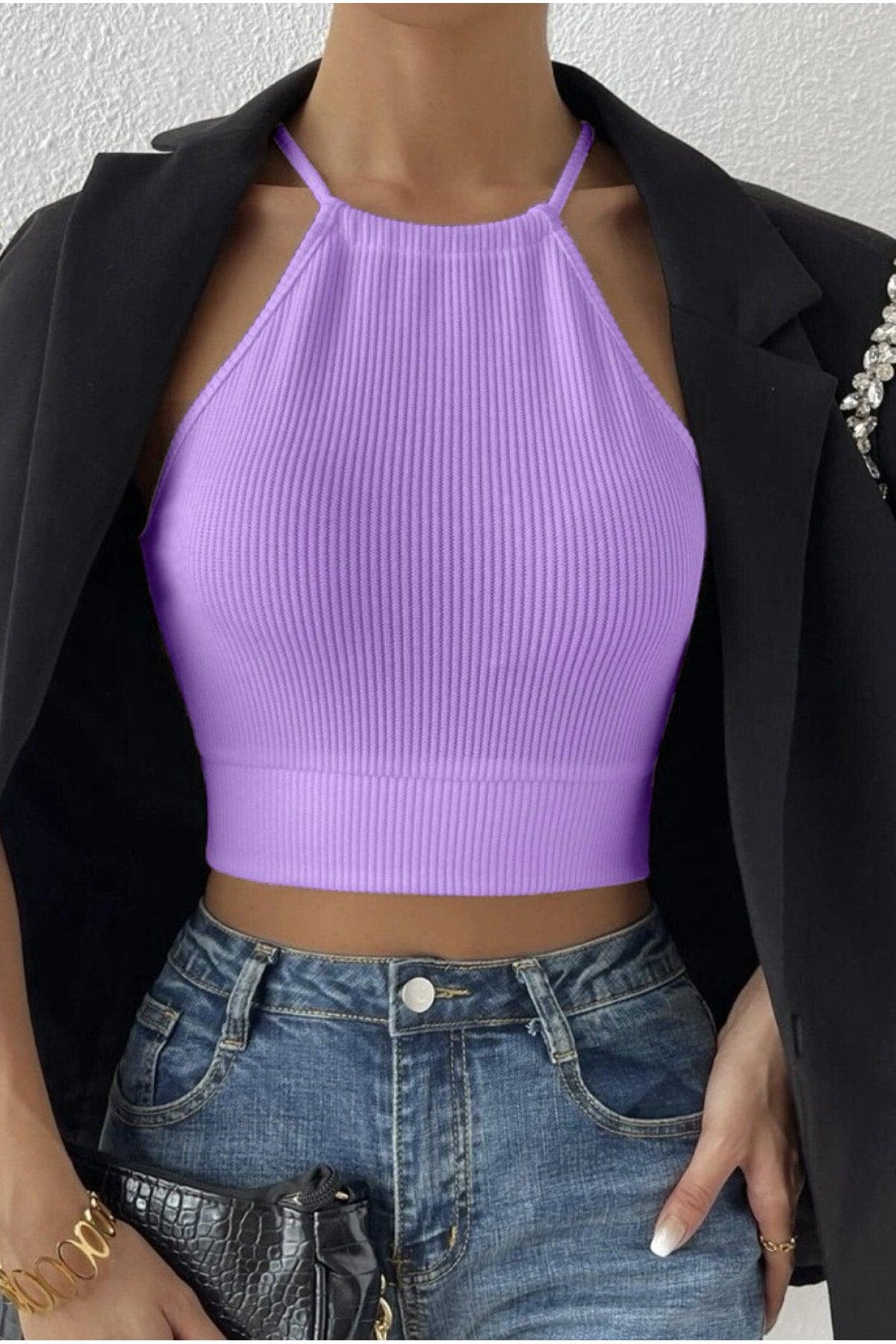 Women's Lilac Camisole Backless Belted Crop Top Blouse - Swordslife