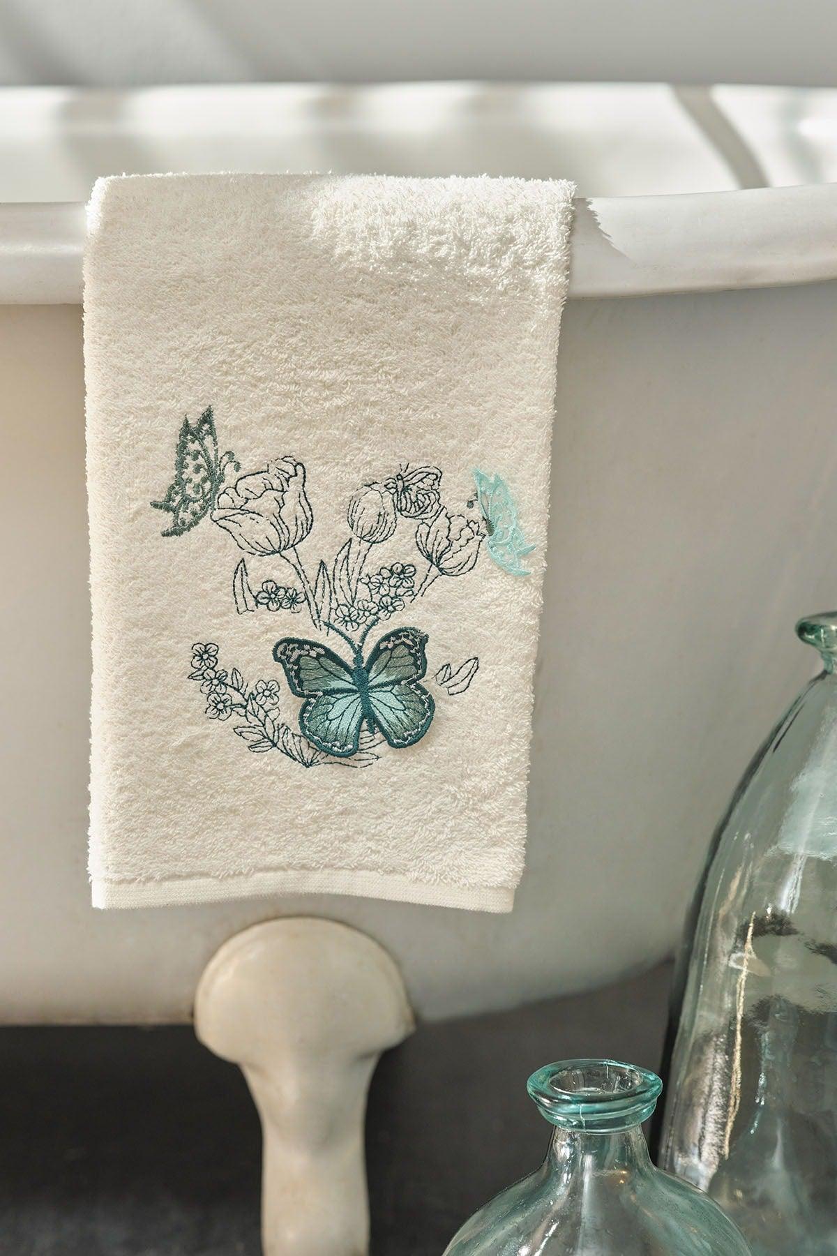 Butterfly 3d Embroidered Green Off White Family Bathroom Set - Swordslife