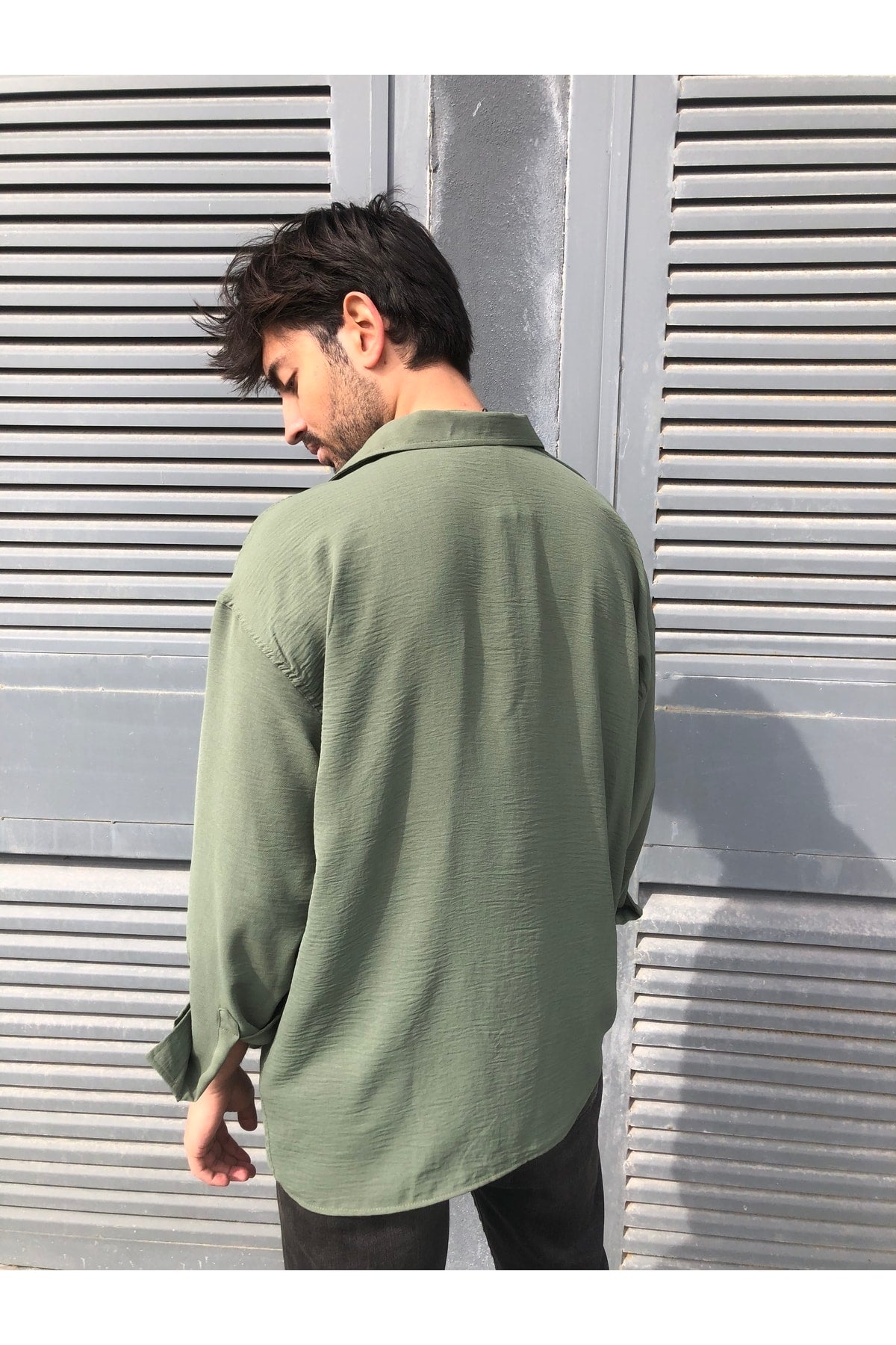 Men'S Khaki Linen Aerobin Loose Fit Oversized Loose Shirt
