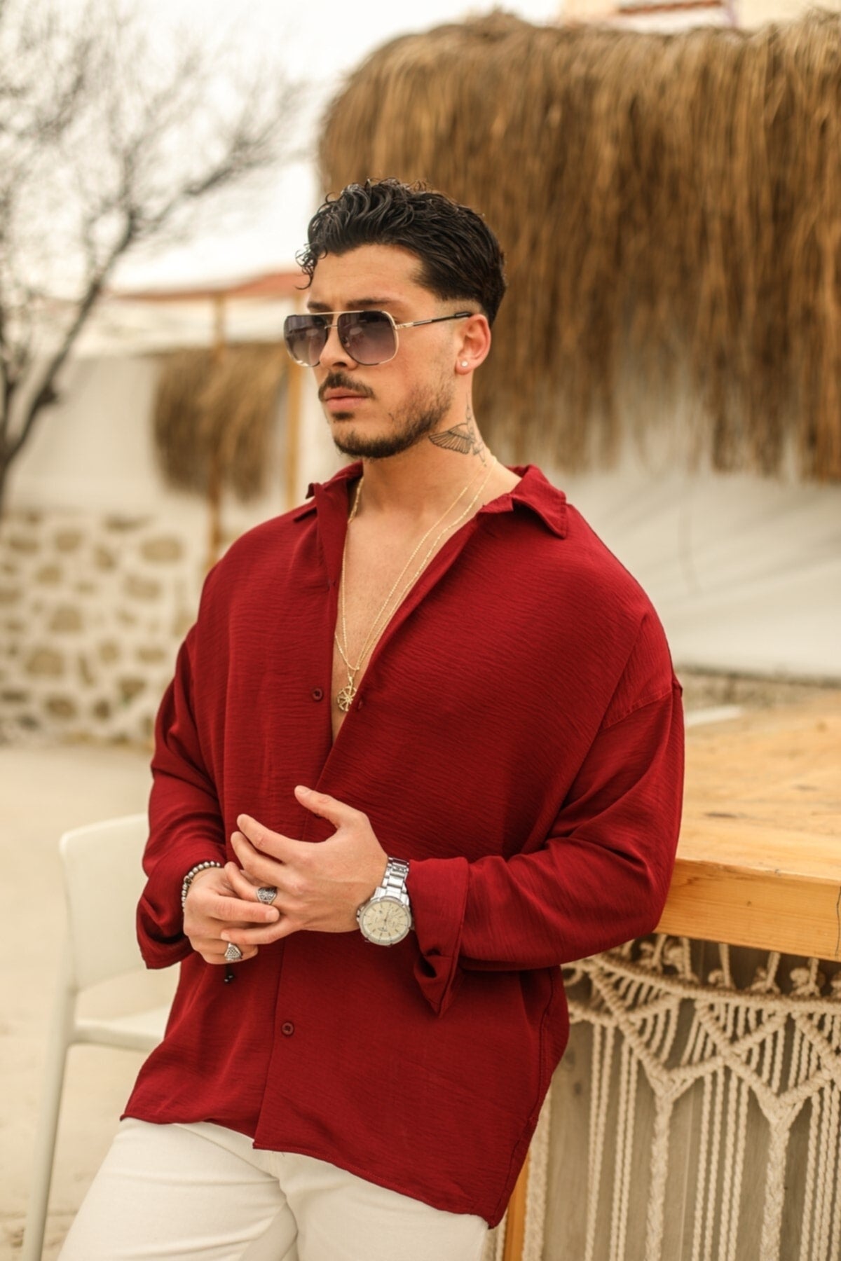 Textured Oversize Shirt Claret Red 70171021